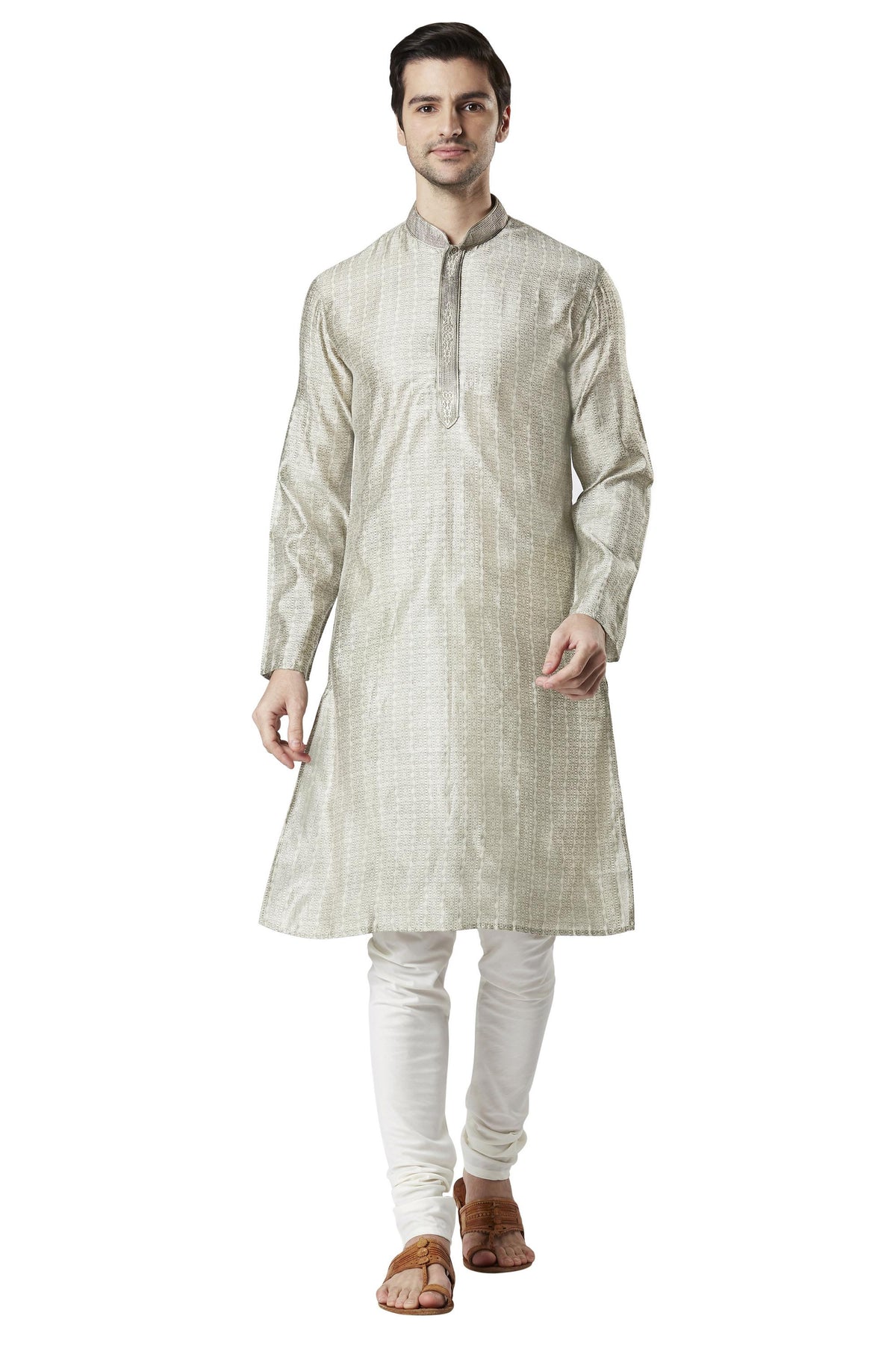 Ethnix Men's Steel Gray Embroidered Placket 2-Piece Kurta Pajama Set, front walking view