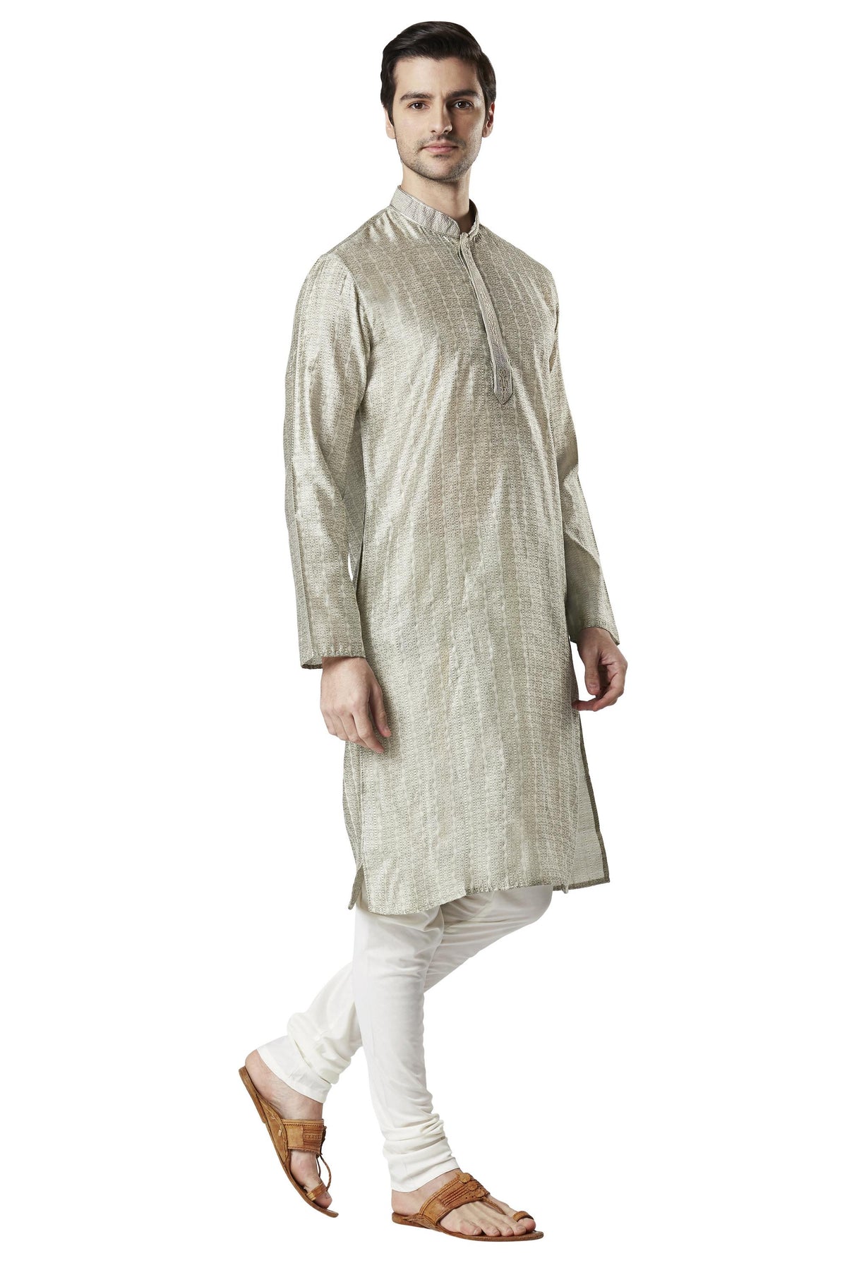 Ethnix Men's Steel Gray Embroidered Placket 2-Piece Kurta Pajama Set, left angled full-length view