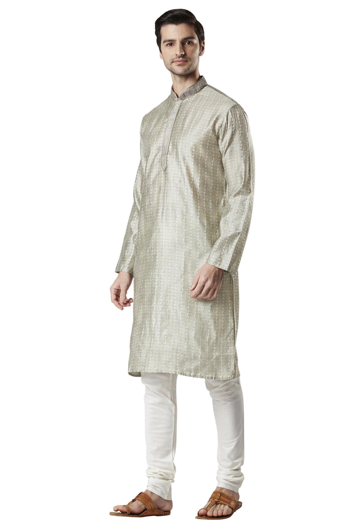 Ethnix Men's Steel Gray Embroidered Placket 2-Piece Kurta Pajama Set, right angled full-length view