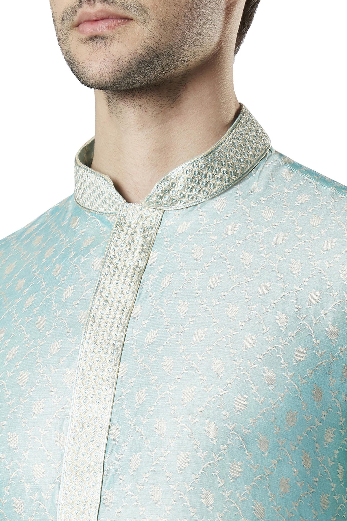 Ethnix Men's Wedding Special Festive Cheerful 2-Piece Ensemble, close-up of the collar and placket