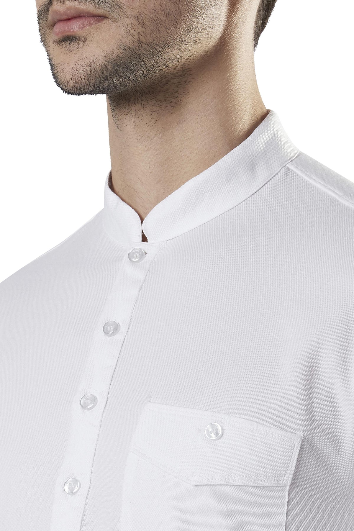 Ethnix Men's White Classic Pure Cotton 2-Piece Kurta Pajama Set, close-up of the collar and placket