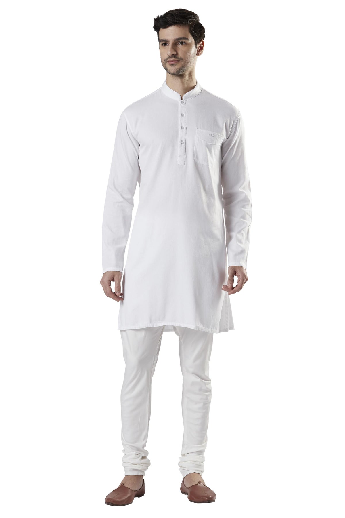 Ethnix Men's White Classic Pure Cotton 2-Piece Kurta Pajama Set, front full-length view