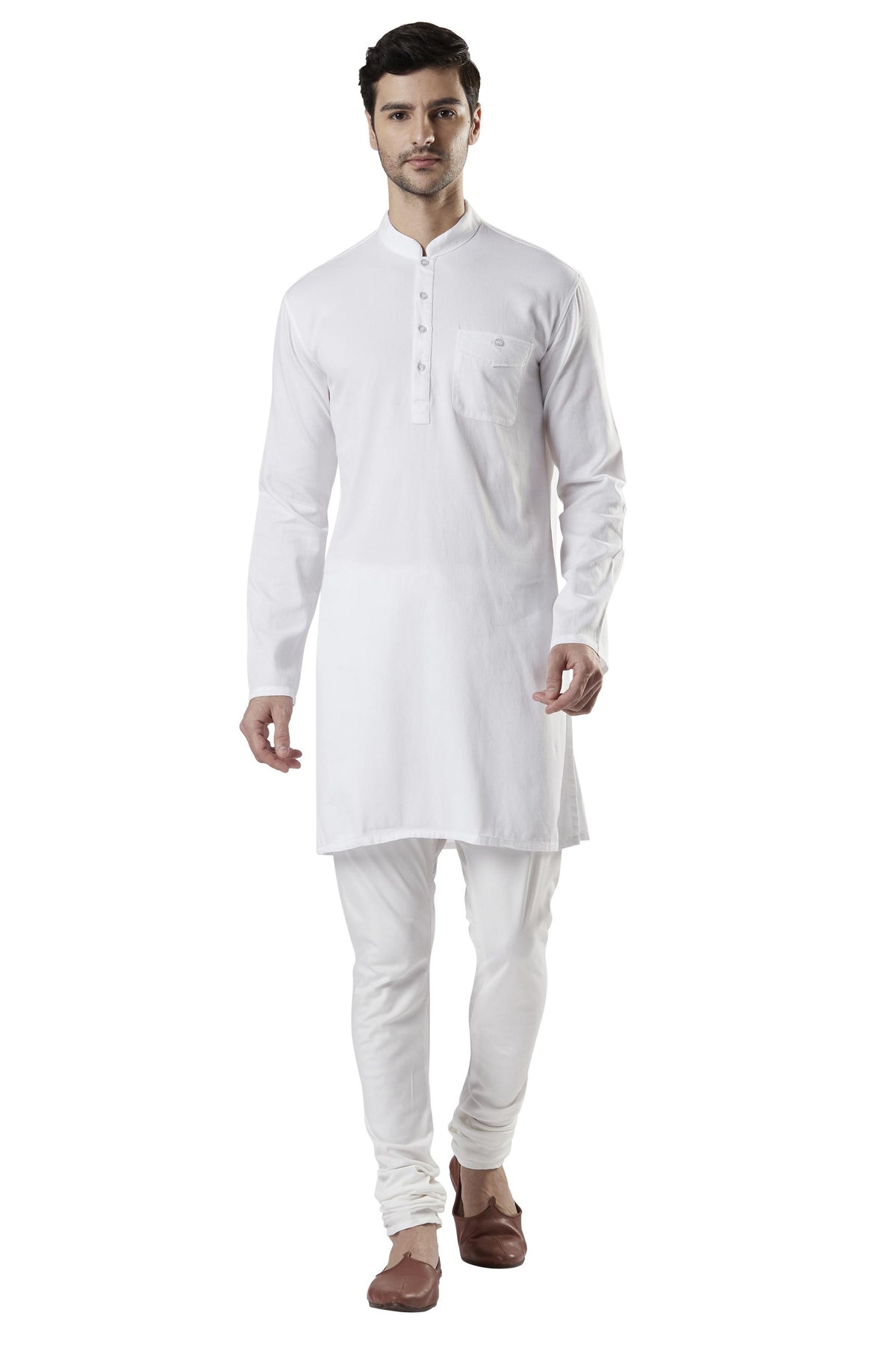 Ethnix Men's White Classic Pure Cotton 2-Piece Kurta Pajama Set, front posed view