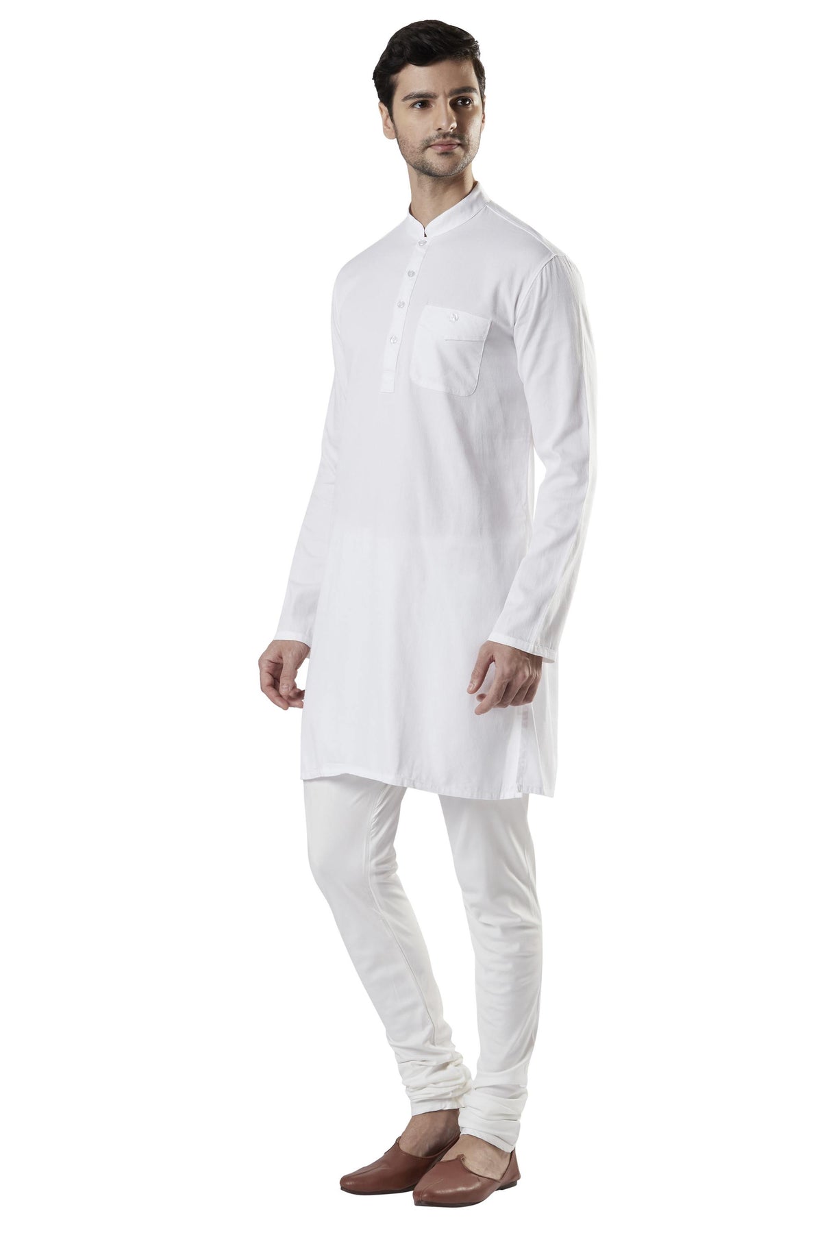 Ethnix Men's White Classic Pure Cotton 2-Piece Kurta Pajama Set, left angled full-length view