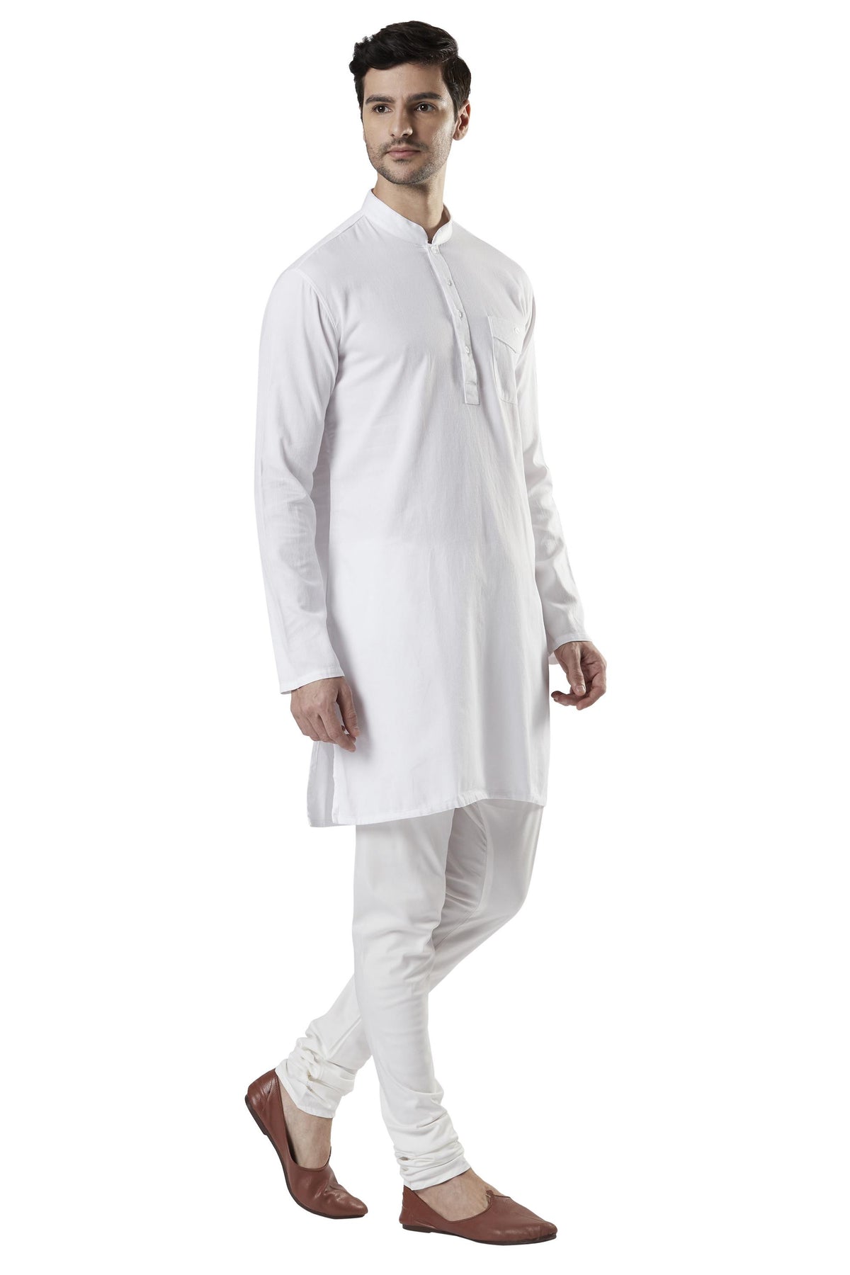 Ethnix Men's White Classic Pure Cotton 2-Piece Kurta Pajama Set, right angled full-length view