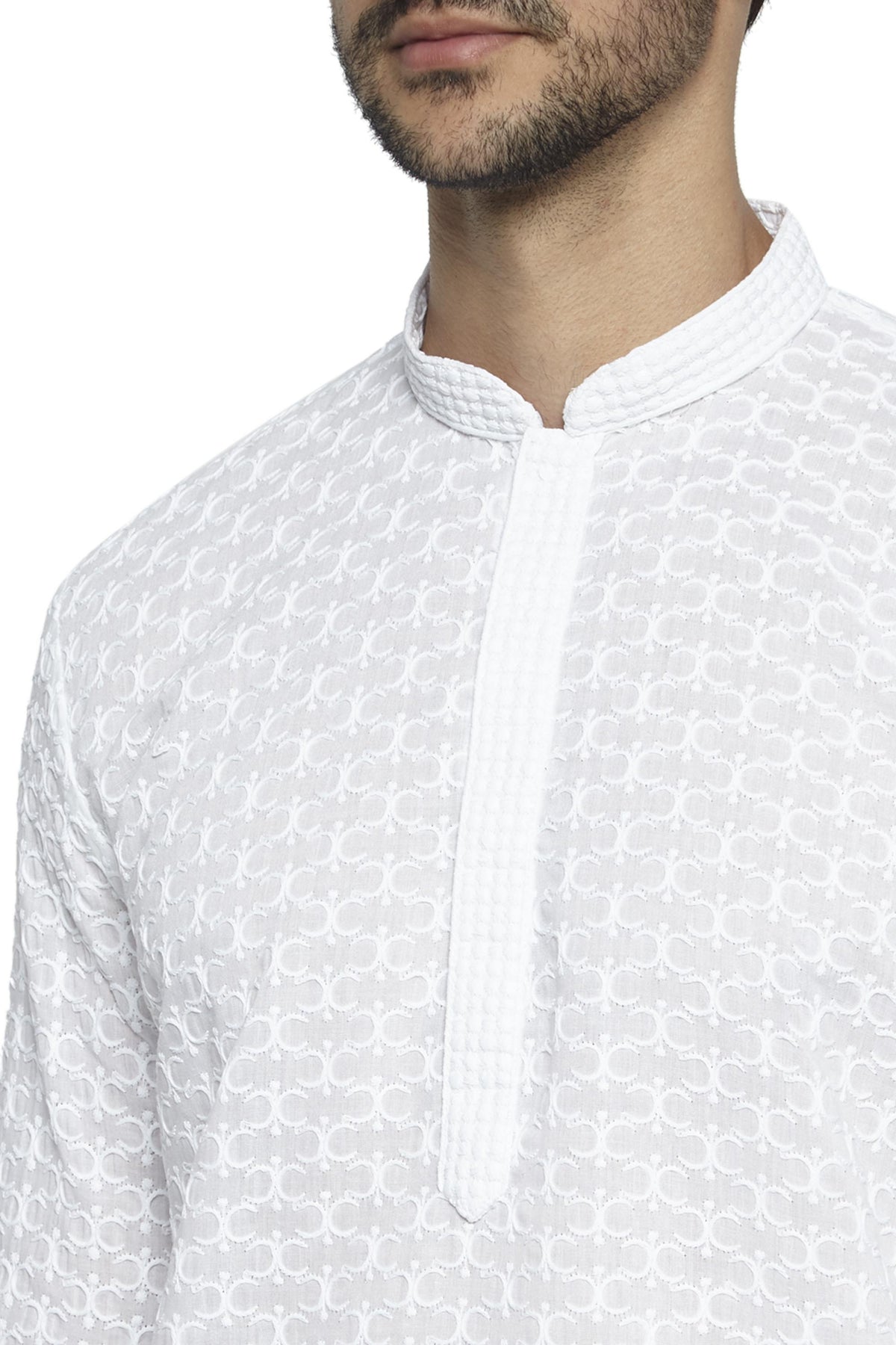 Ethnix Men's White Handmade Chikankari 2-Piece Kurta Pajama Set, close-up of the collar and placket