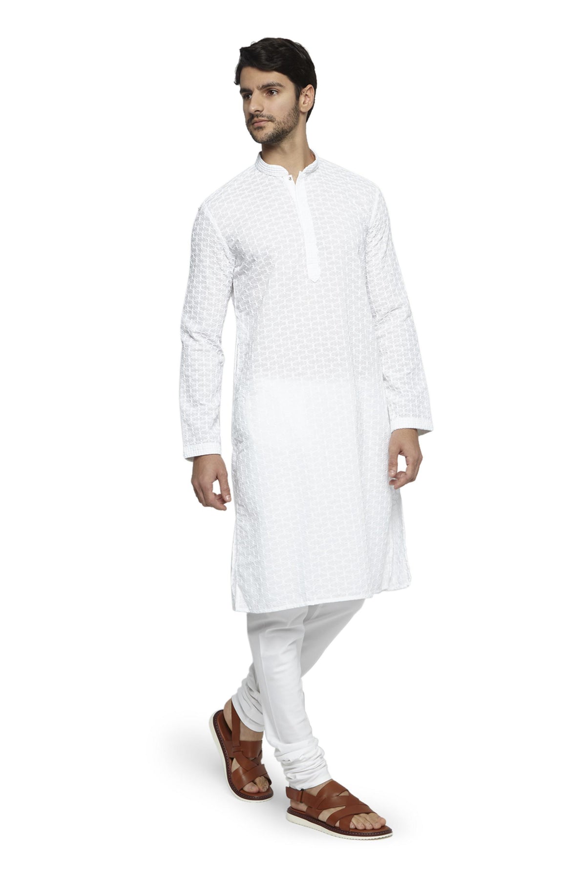 Ethnix Men's White Handmade Chikankari 2-Piece Kurta Pajama Set, left angled full-length view