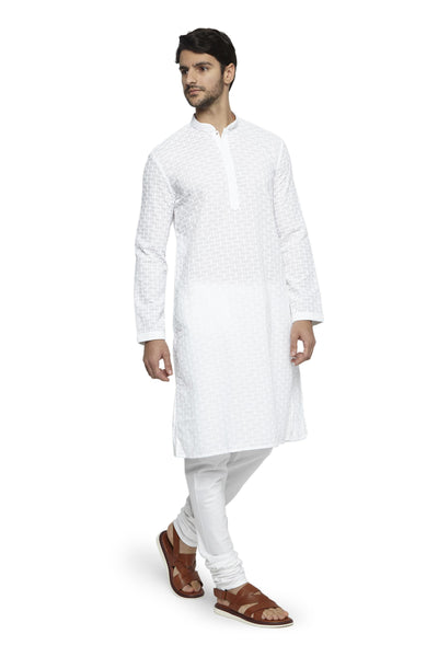 Ethnix Men's White Handmade Chikankari 2-Piece Kurta Pajama Set, left angled full-length view