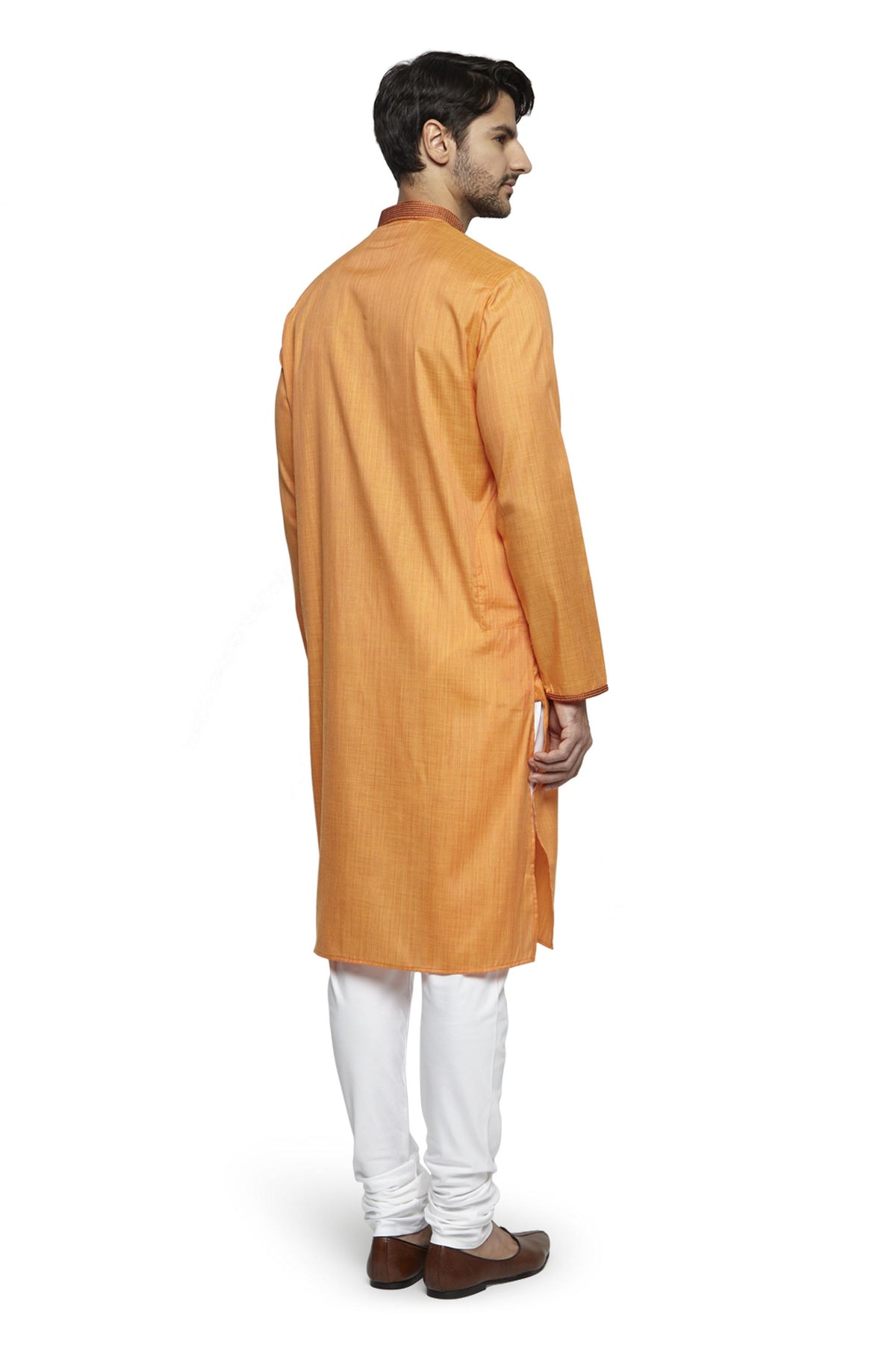 Ethnix Men's Yellow Embroidered Placket 2-Piece Kurta Pajama Set, back full-length view