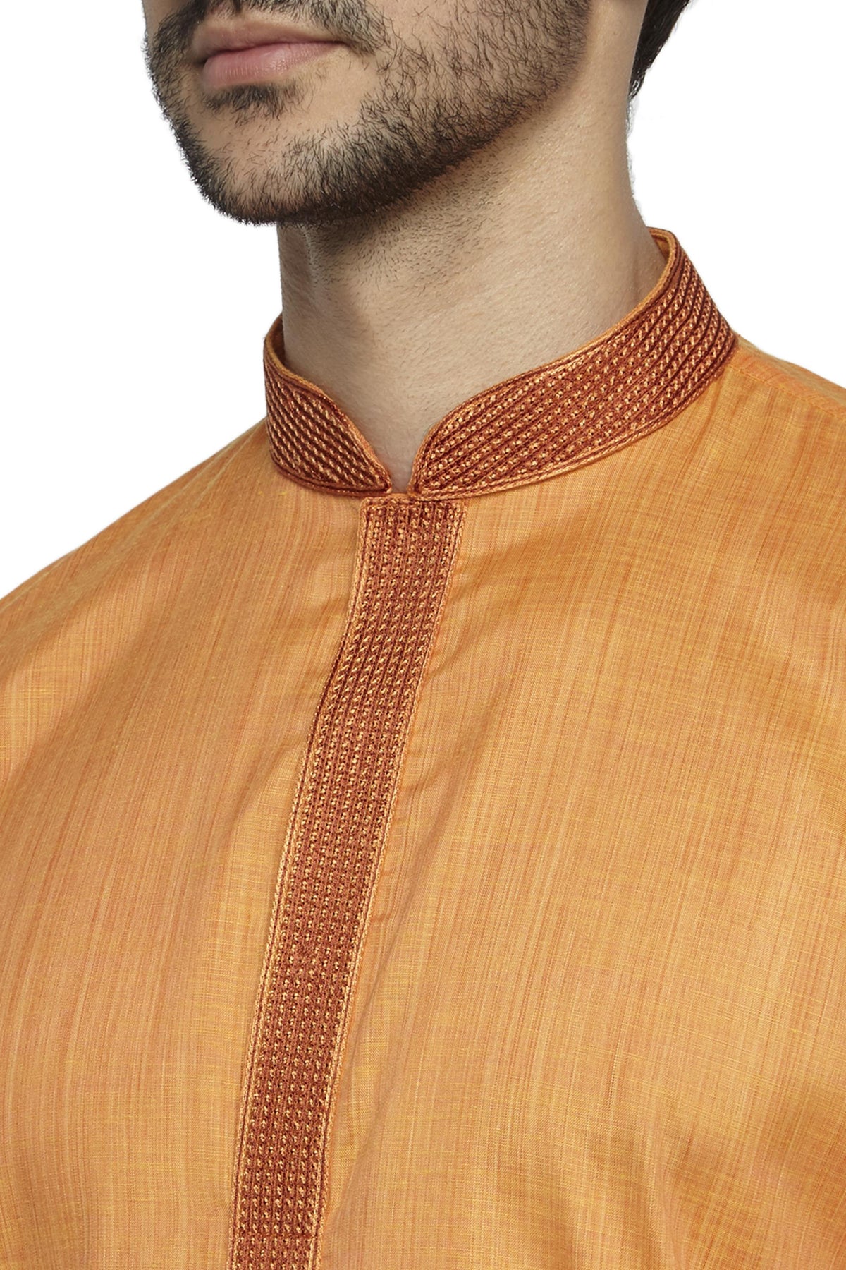 Ethnix Men's Yellow Embroidered Placket 2-Piece Kurta Pajama Set, close-up of the collar and placket