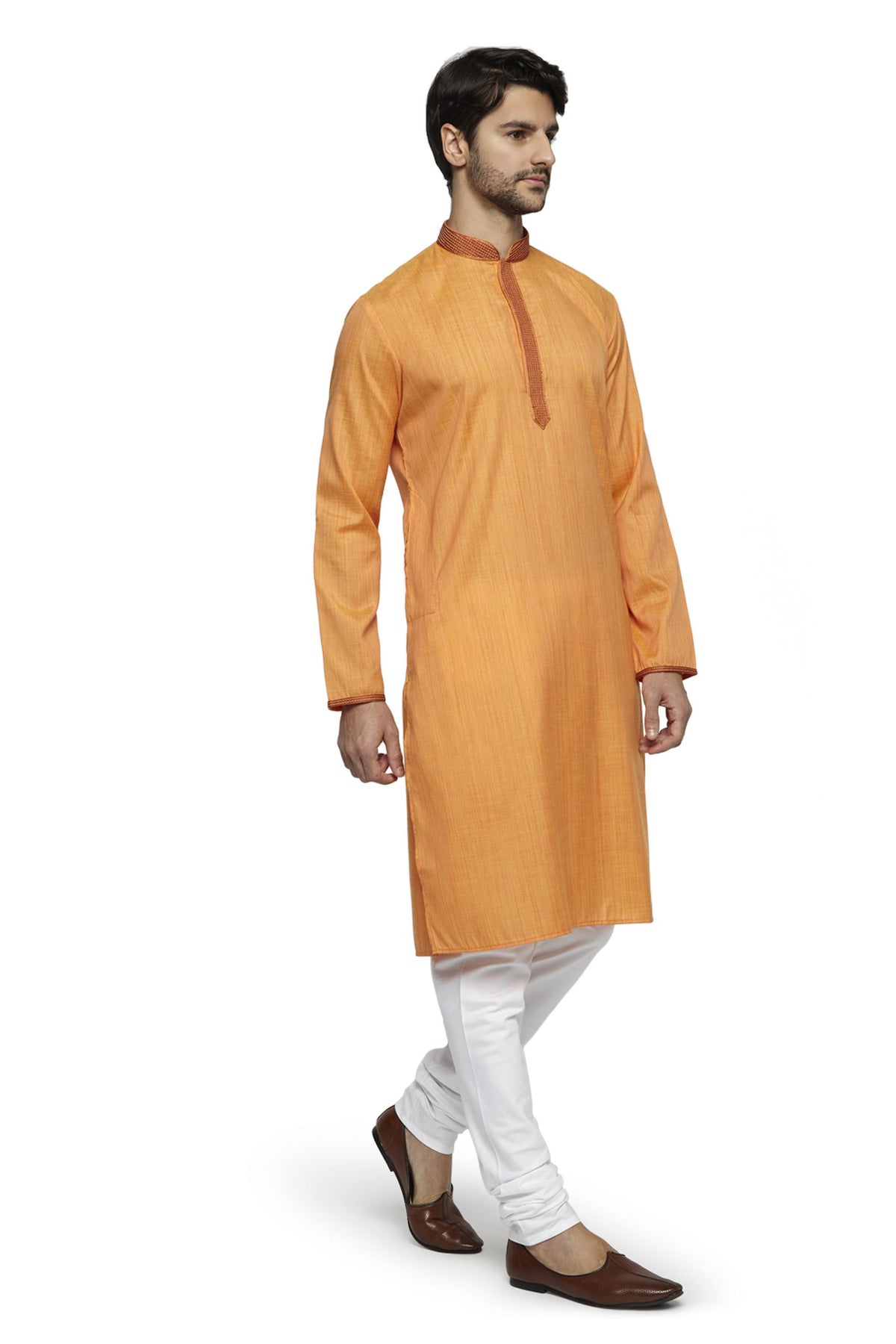 Ethnix Men's Yellow Embroidered Placket 2-Piece Kurta Pajama Set, front full-length view
