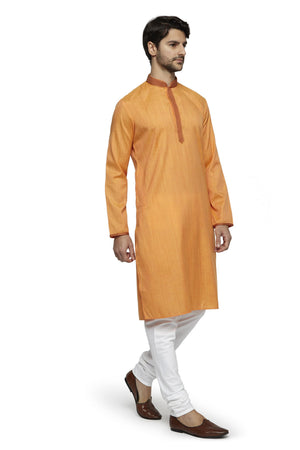 Ethnix Men's Yellow Embroidered Placket 2-Piece Kurta Pajama Set, front full-length view