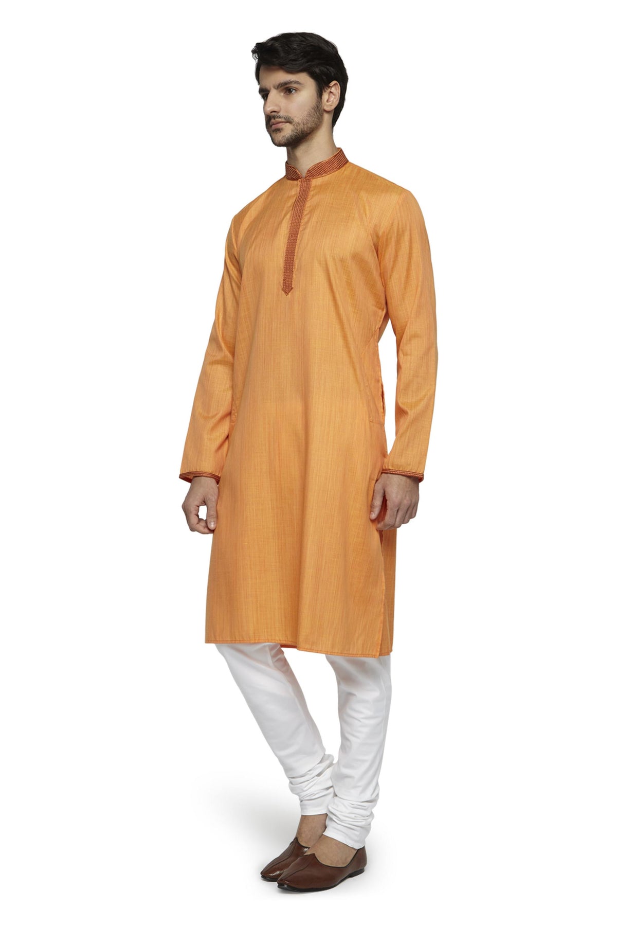 Ethnix Men's Yellow Embroidered Placket 2-Piece Kurta Pajama Set, left angled full-length view