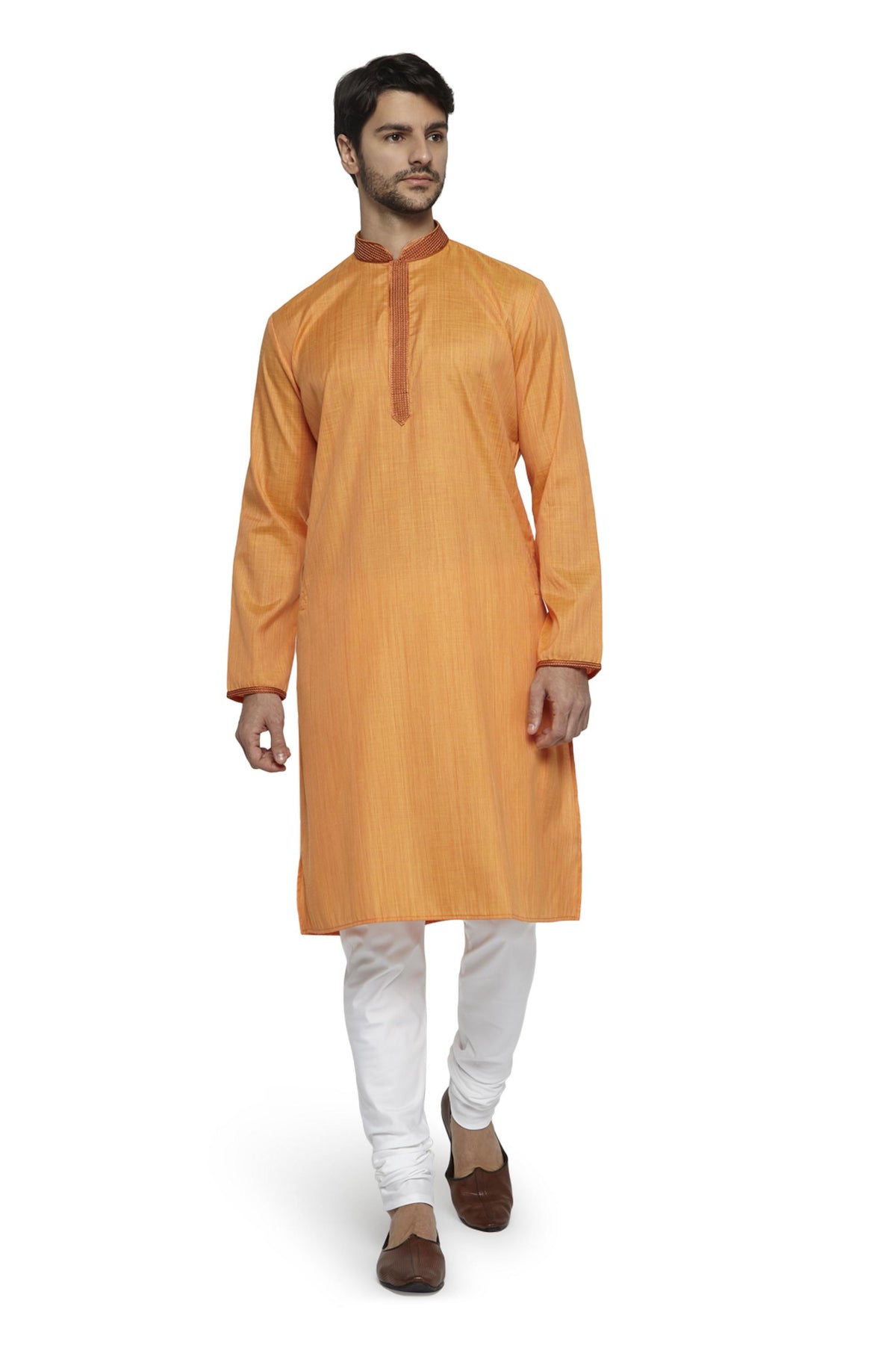 Ethnix Men's Yellow Embroidered Placket 2-Piece Kurta Pajama Set, right angled full-length view