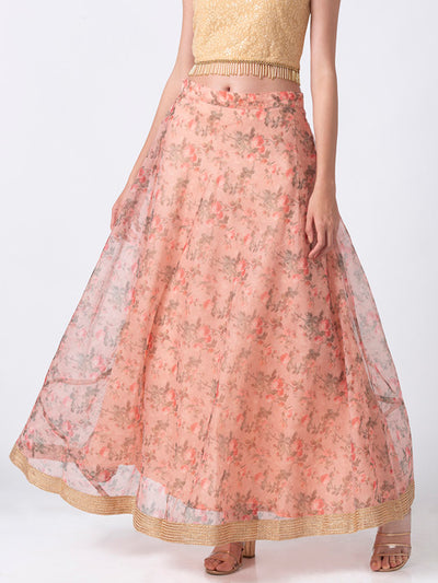 Ethnicity Floral Printed Peach Lehenga Skirt