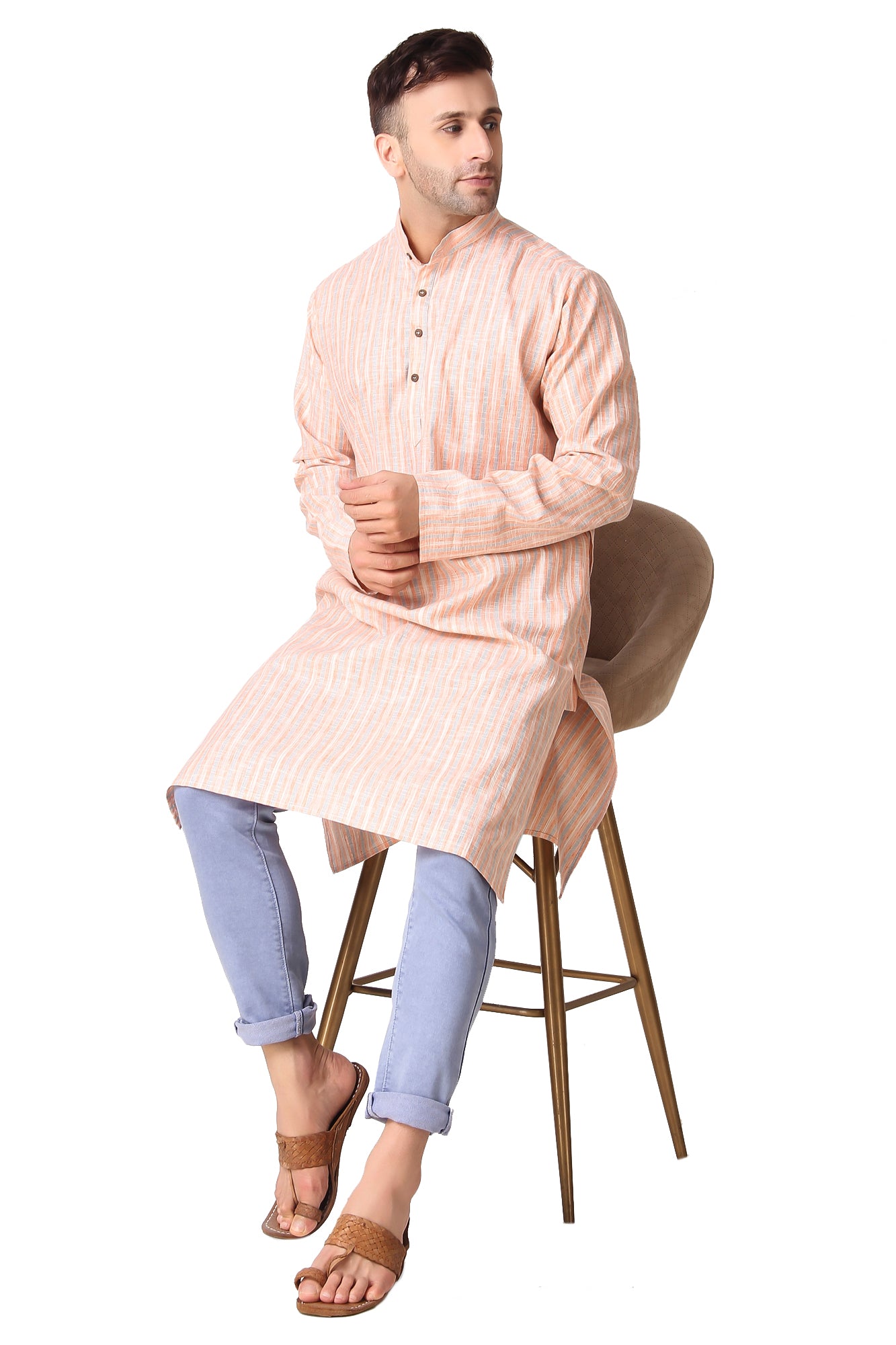 In-Sattva Men's Banded Collar Vintage Cotton Striped Sandstone Orange Long Kurta Tunic | Display Image