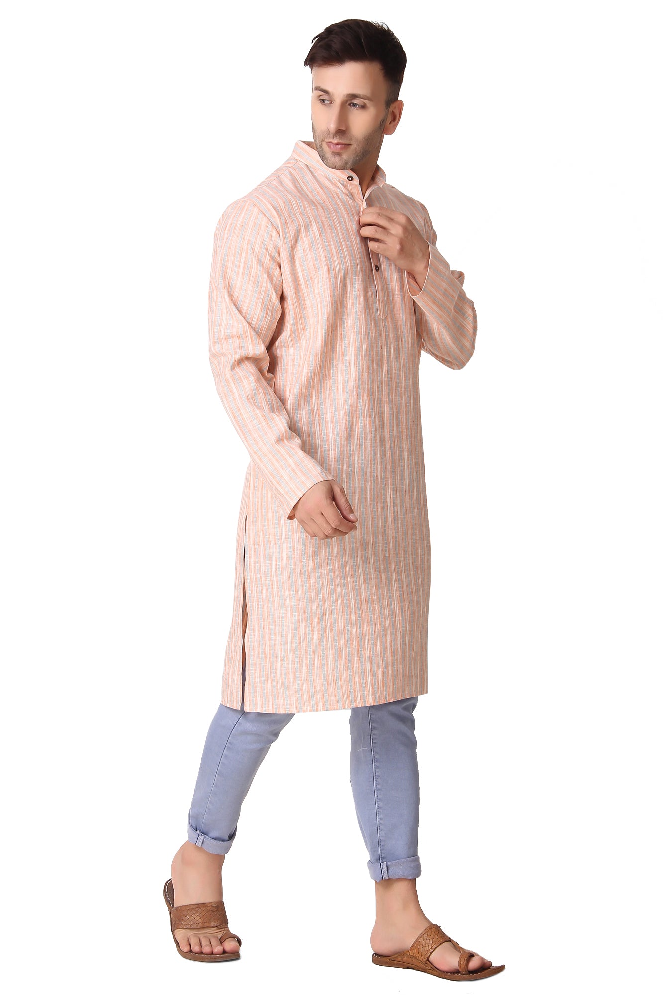 In-Sattva Men's Banded Collar Vintage Cotton Striped Sandstone Orange Long Kurta Tunic with Jeans | Right View