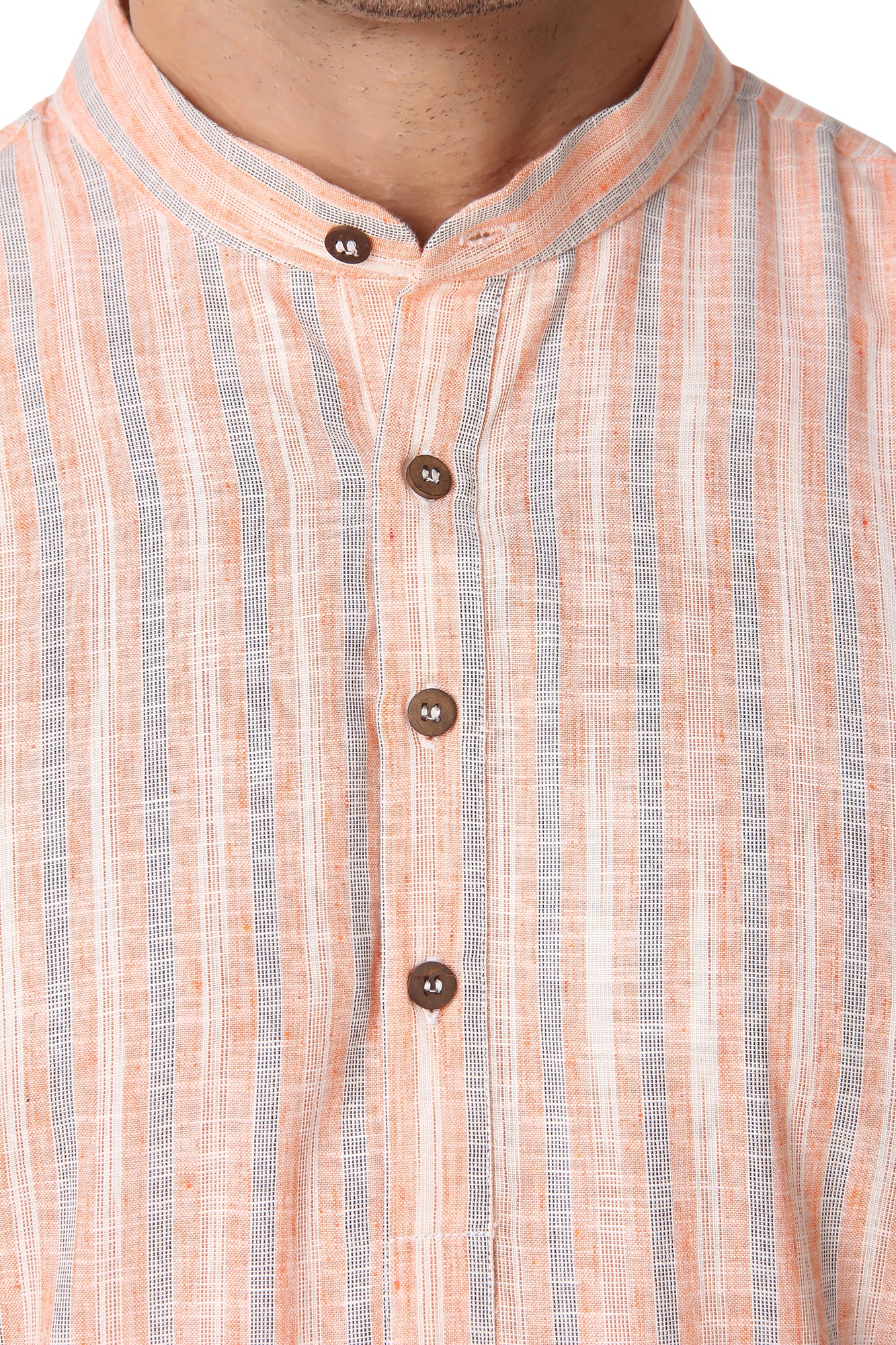 In-Sattva Men's Banded Collar Vintage Cotton Striped Sandstone Orange Long Kurta Tunic | Collar Close Up