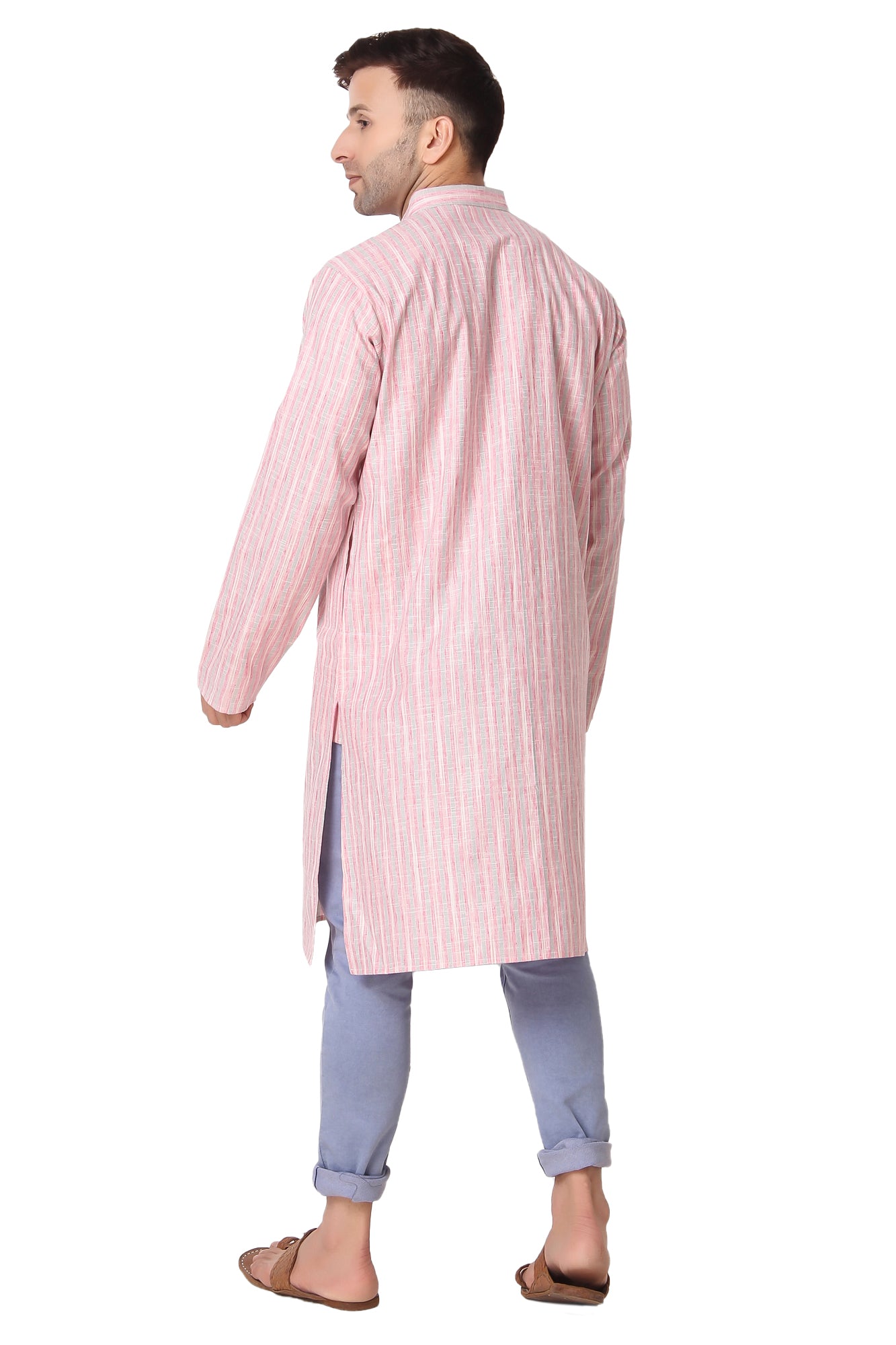 In-Sattva Men's Banded Collar Vintage Cotton Striped Spanish Pink Long Kurta Tunic with Jeans | Back View