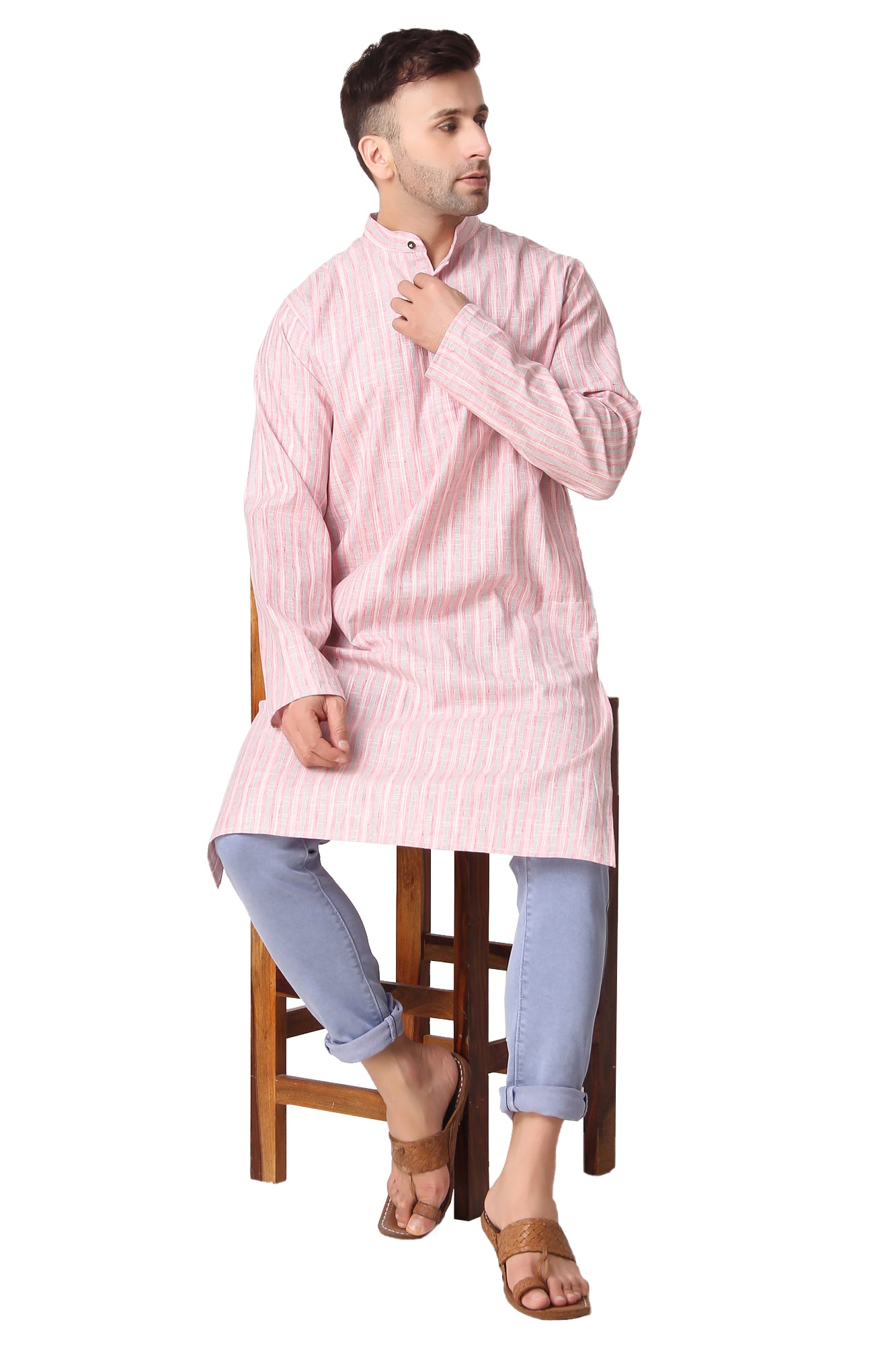 In-Sattva Men's Banded Collar Vintage Cotton Striped Spanish Pink Long Kurta Tunic | Display Image