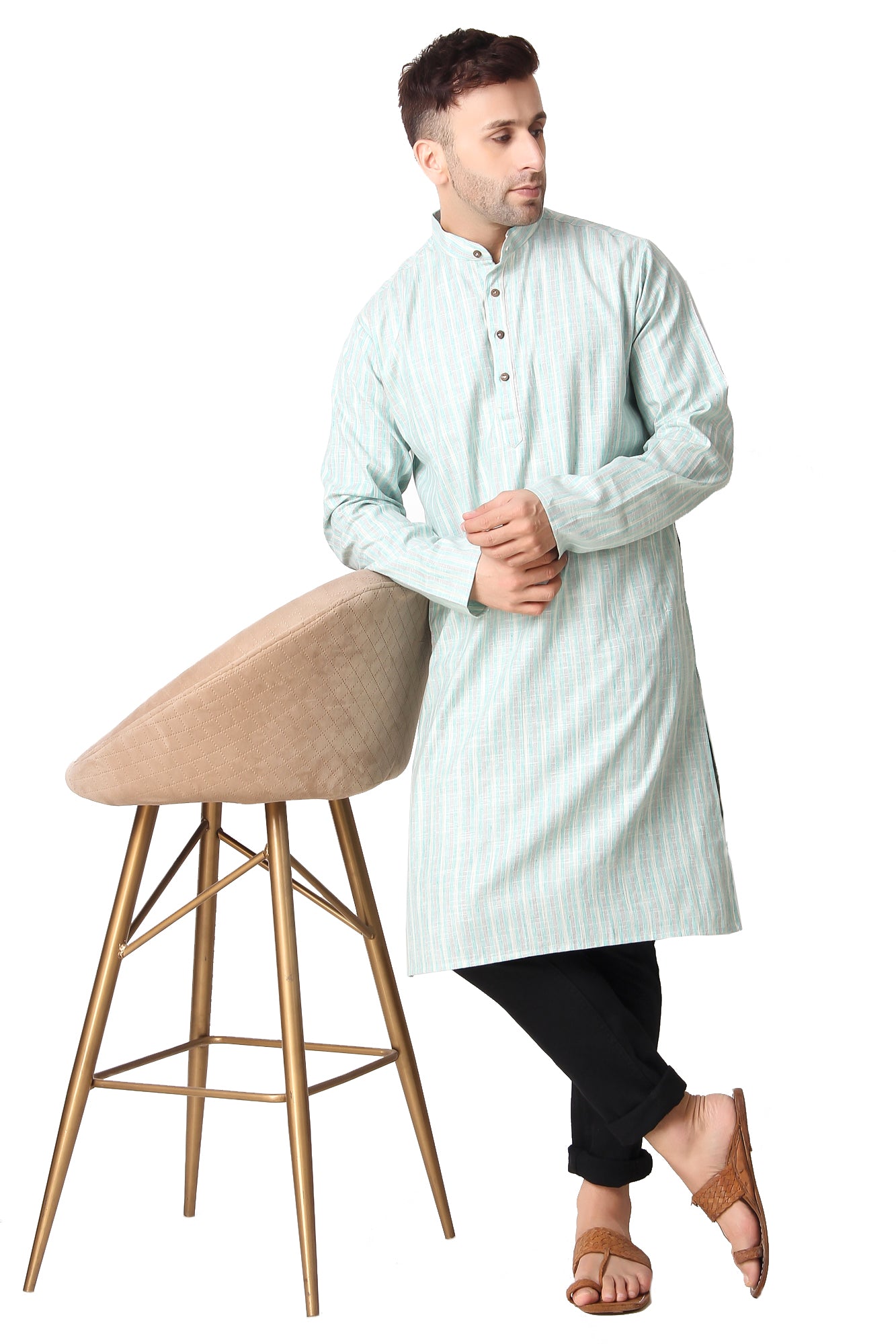 In-Sattva Men's Banded Collar Vintage Cotton Striped Tea Green Long Kurta Tunic | Display Image