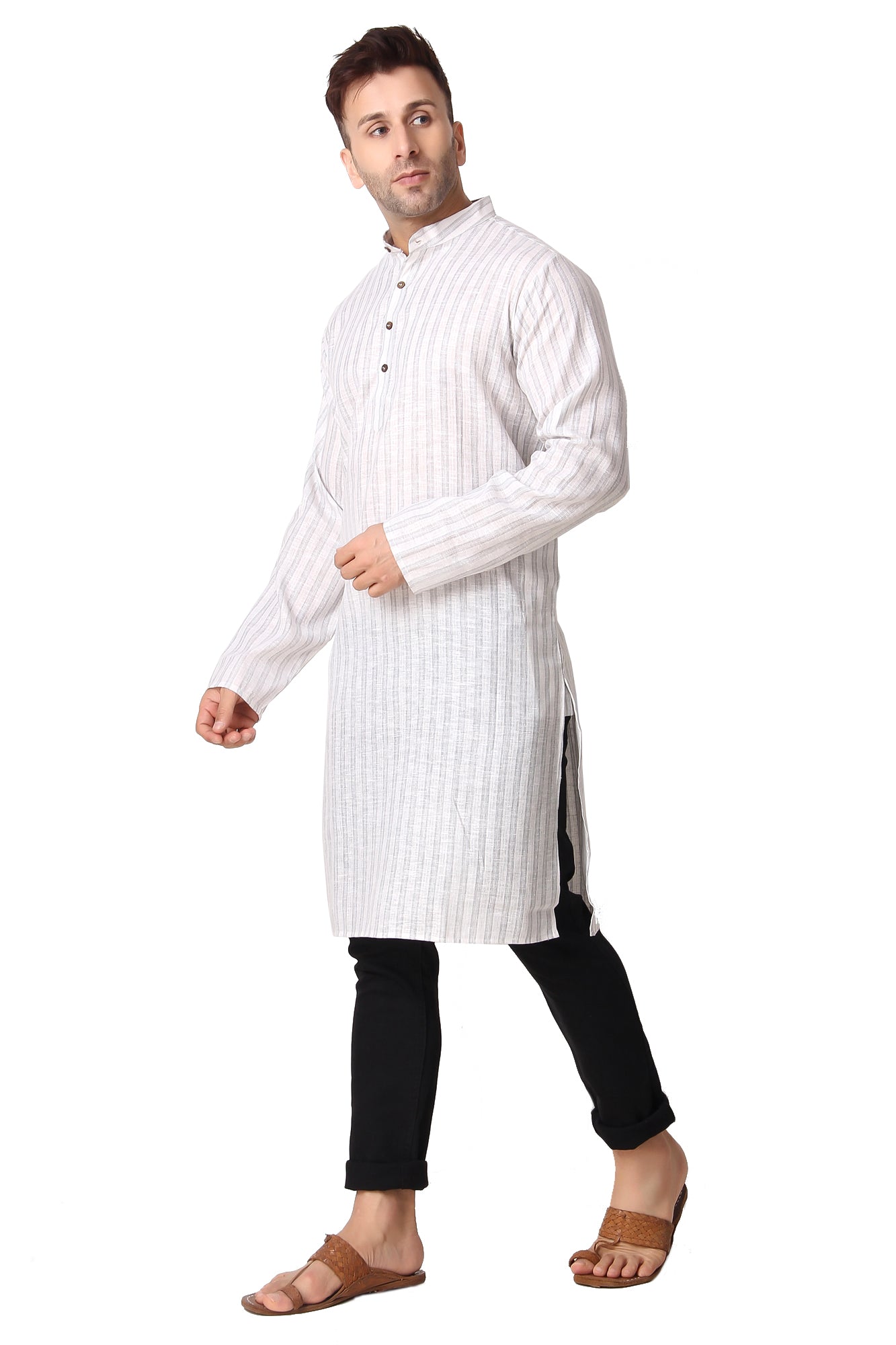 In-Sattva Men's Banded Collar Vintage Cotton Striped Light Grey Long Kurta Tunic with Black Jeans | Left View