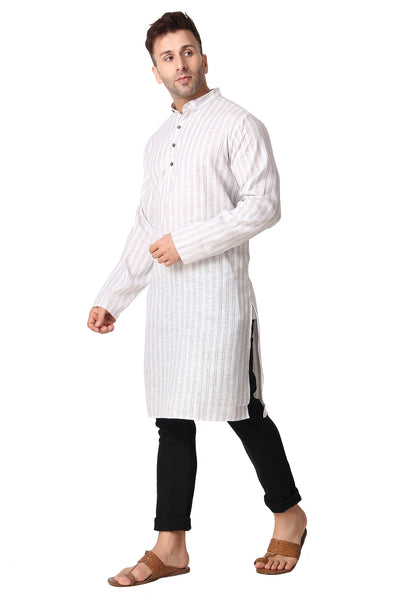 In-Sattva Men's Banded Collar Vintage Cotton Striped Light Grey Long Kurta Tunic with Black Jeans | Left View