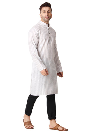 In-Sattva Men's Banded Collar Vintage Cotton Striped Light Grey Long Kurta Tunic with Black Jeans | Right View