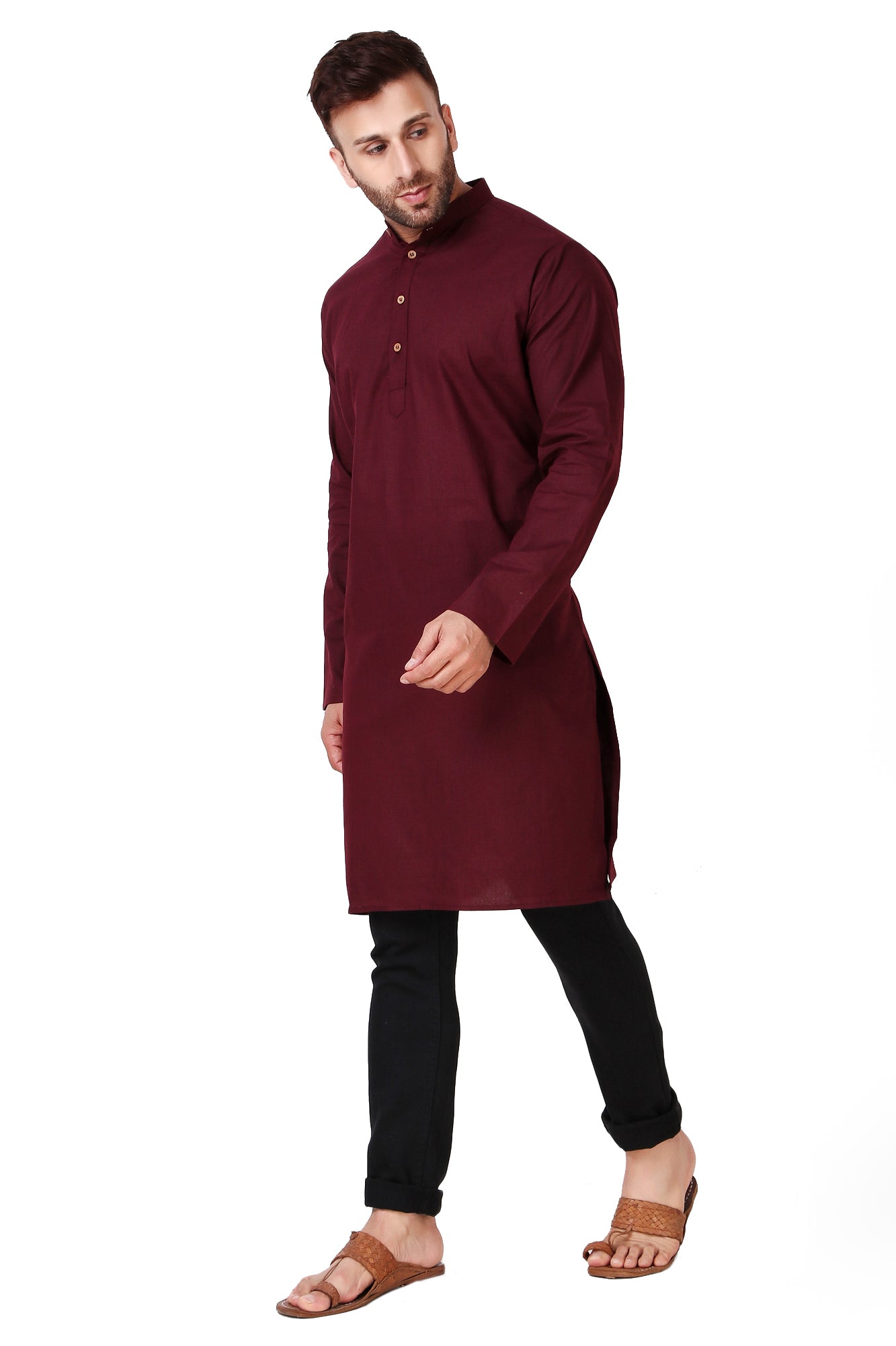 In-Sattva Men's Banded Classic Collar Pure Cotton Long Burgundy Brown Kurta Tunic | Left View