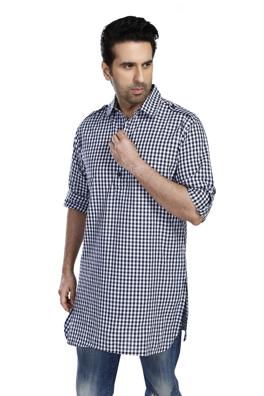 In-Sattva Men's Pullover Pathani Rollup Sleeve Kurta Tunic With Shoulder Strap - Navy Gingham