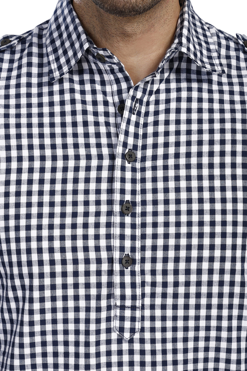 In-Sattva Men's Pullover Pathani Rollup Sleeve Kurta Tunic With Shoulder Strap - Navy Gingham