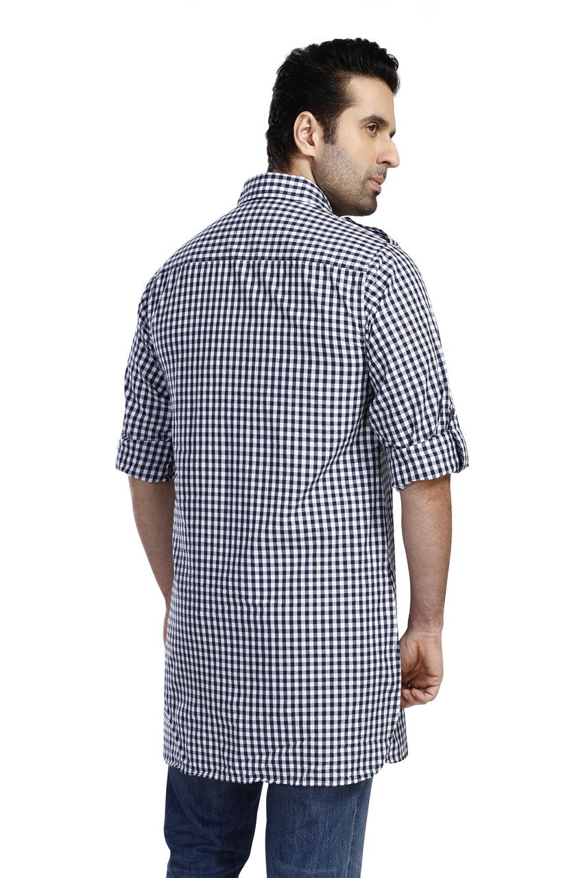 In-Sattva Men's Pullover Pathani Rollup Sleeve Kurta Tunic With Shoulder Strap - Navy Gingham