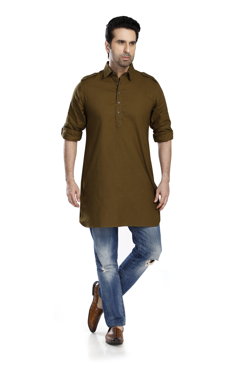 In-Sattva Men's Pullover Pathani Rollup Sleeve Kurta Tunic With Shoulder Strap - Olive Green