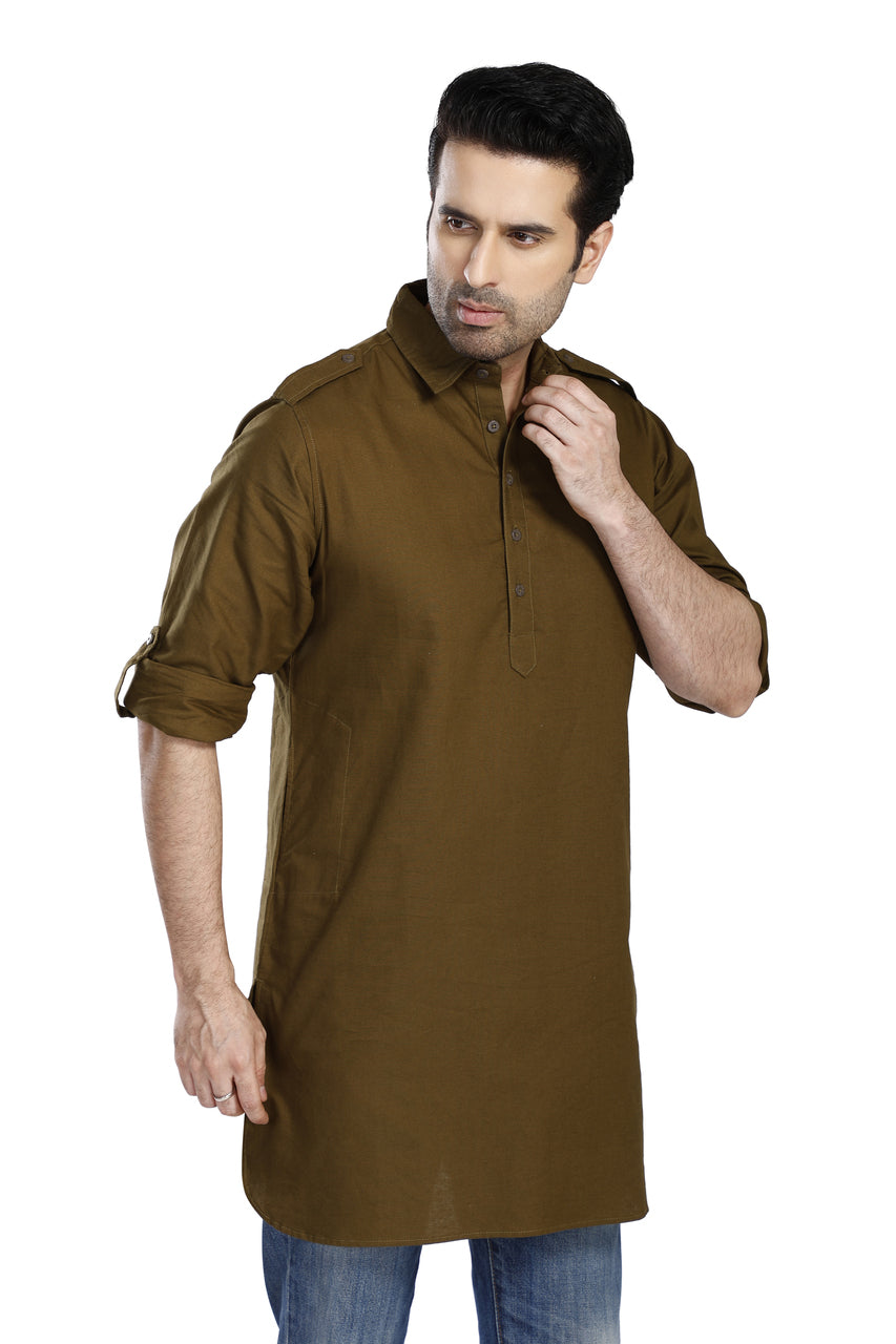 In-Sattva Men's Pullover Pathani Rollup Sleeve Kurta Tunic With Shoulder Strap - Olive Green