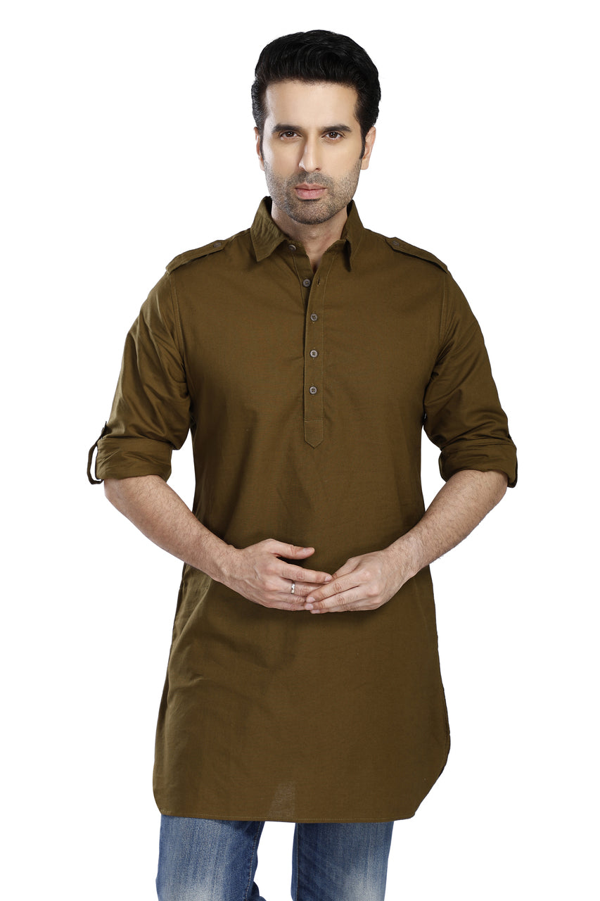 In-Sattva Men's Pullover Pathani Rollup Sleeve Kurta Tunic With Shoulder Strap - Olive Green
