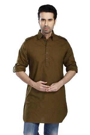 In-Sattva Men's Pullover Pathani Rollup Sleeve Kurta Tunic With Shoulder Strap - Olive Green