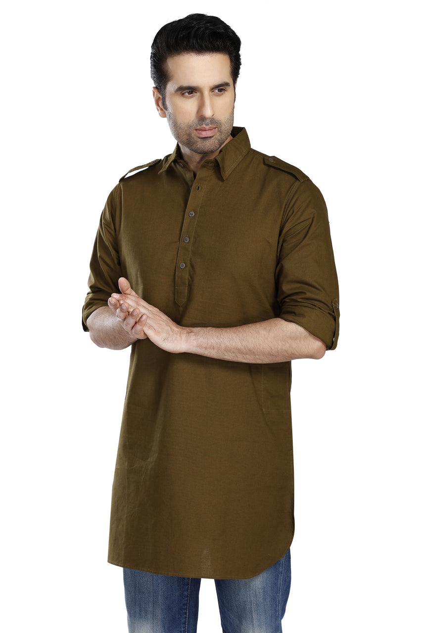 In-Sattva Men's Pullover Pathani Rollup Sleeve Kurta Tunic With Shoulder Strap - Olive Green