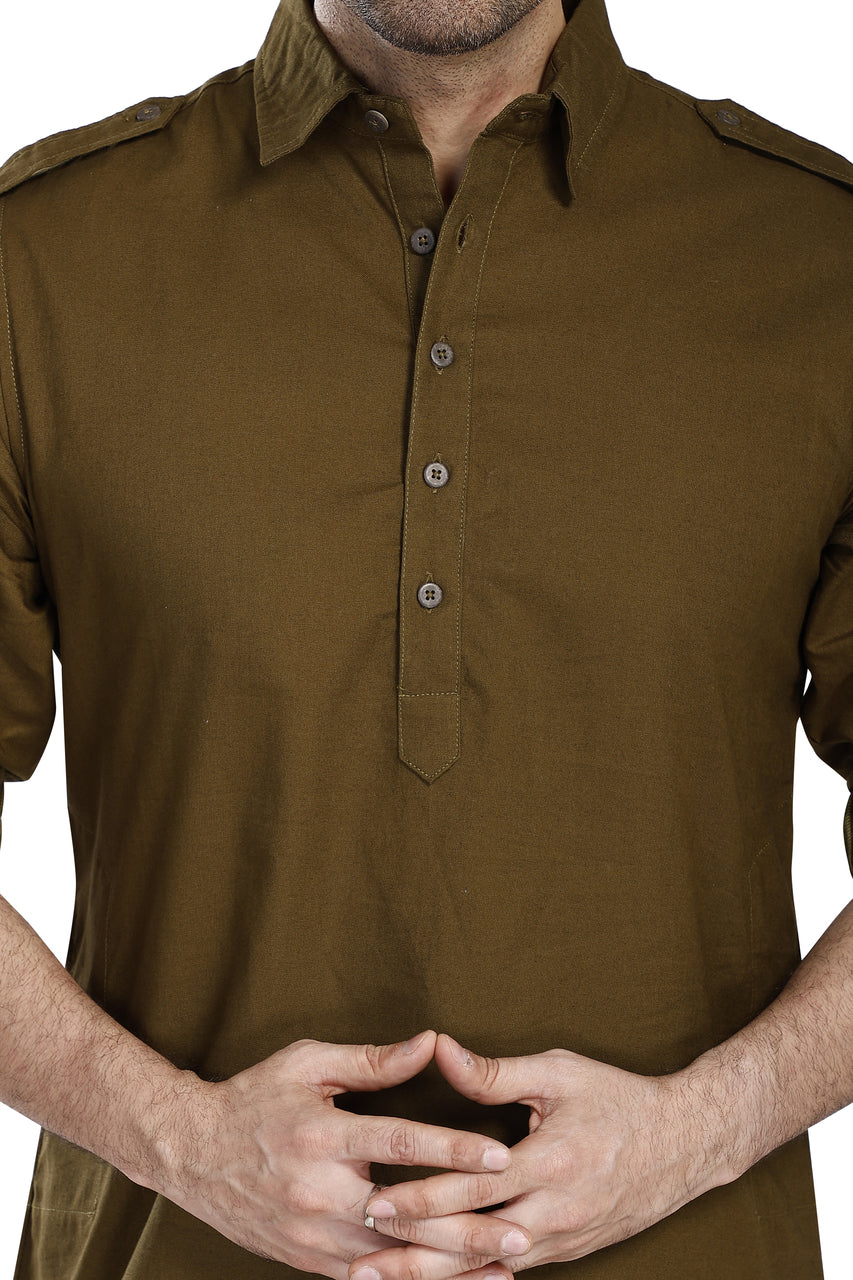 In-Sattva Men's Pullover Pathani Rollup Sleeve Kurta Tunic With Shoulder Strap - Olive Green