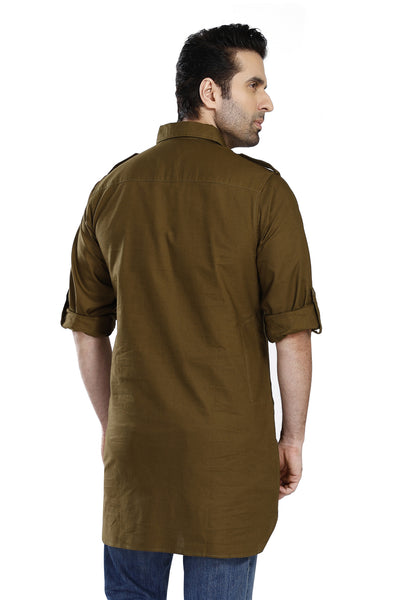 In-Sattva Men's Pullover Pathani Rollup Sleeve Kurta Tunic With Shoulder Strap - Olive Green
