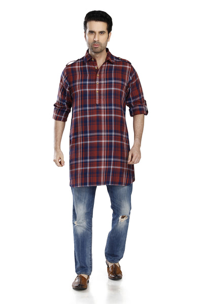 In-Sattva Men's Pullover Pathani Rollup Sleeve Kurta Tunic With Shoulder Strap - Rust Plaid