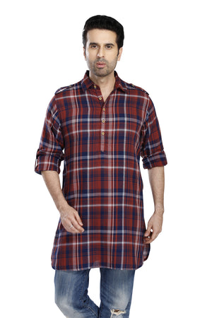 In-Sattva Men's Pullover Pathani Rollup Sleeve Kurta Tunic With Shoulder Strap - Rust Plaid