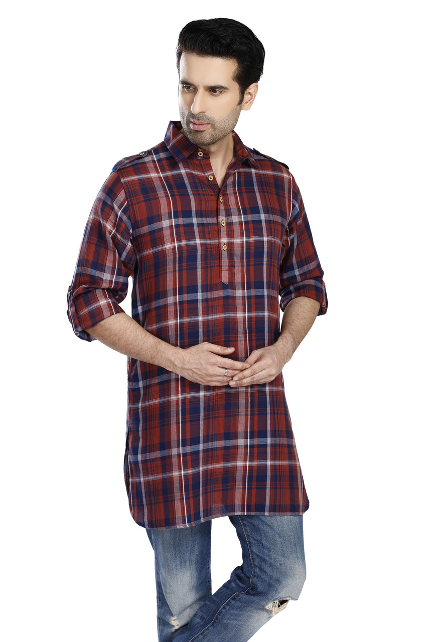 In-Sattva Men's Pullover Pathani Rollup Sleeve Kurta Tunic With Shoulder Strap - Rust Plaid