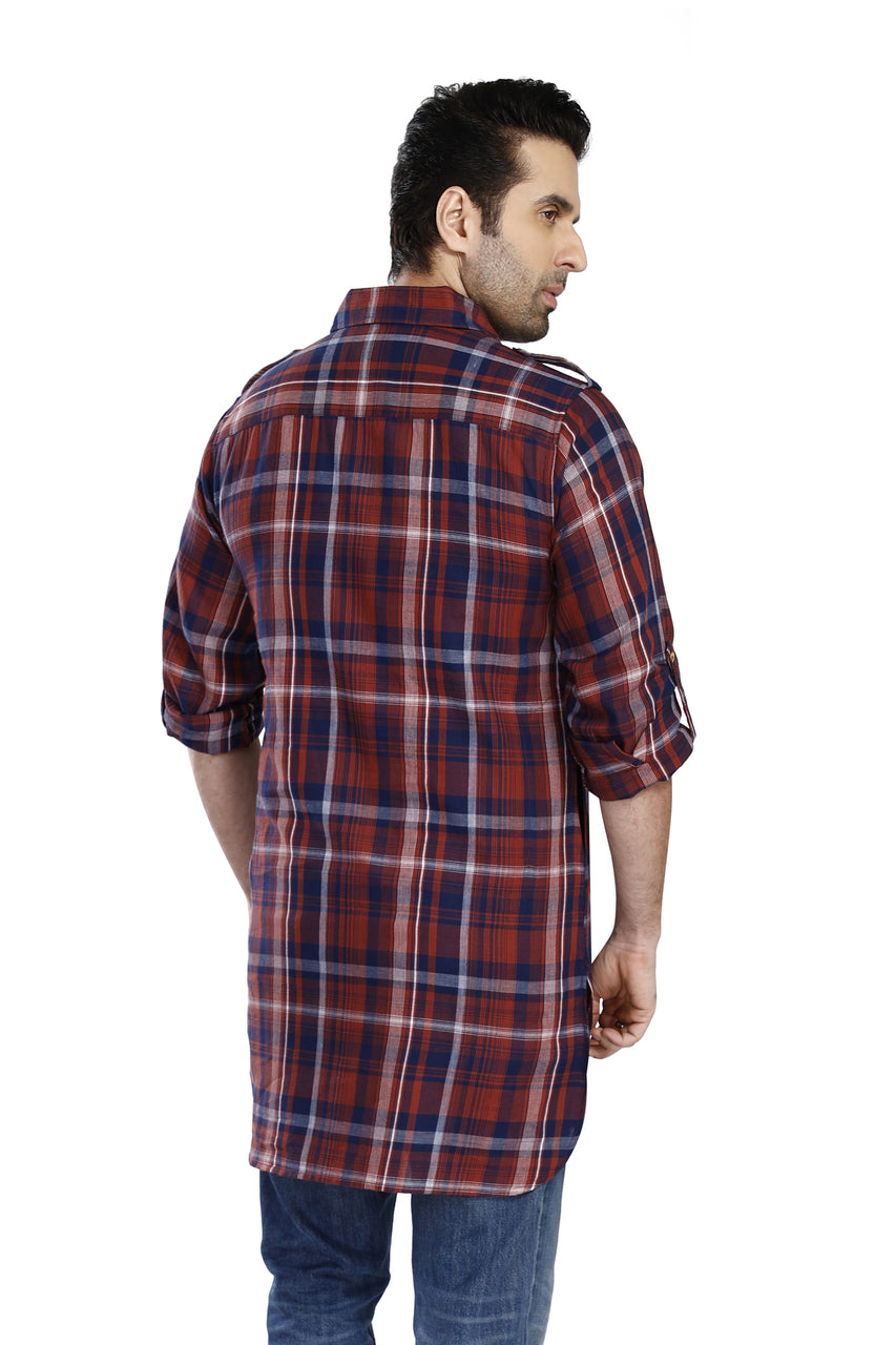 In-Sattva Men's Pullover Pathani Rollup Sleeve Kurta Tunic With Shoulder Strap - Rust Plaid