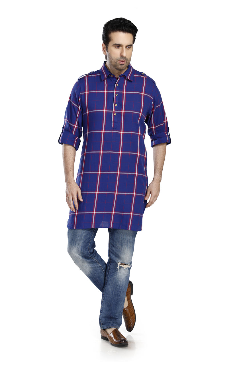 In-Sattva Men's Pullover Pathani Rollup Sleeve Kurta Tunic With Shoulder Strap - Royal Blue Plaid