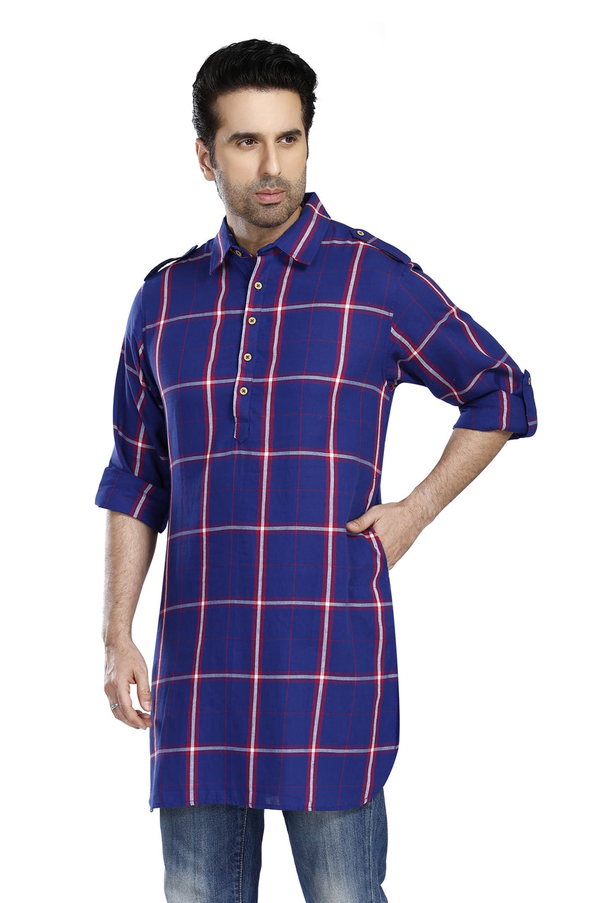 In-Sattva Men's Pullover Pathani Rollup Sleeve Kurta Tunic With Shoulder Strap - Royal Blue Plaid