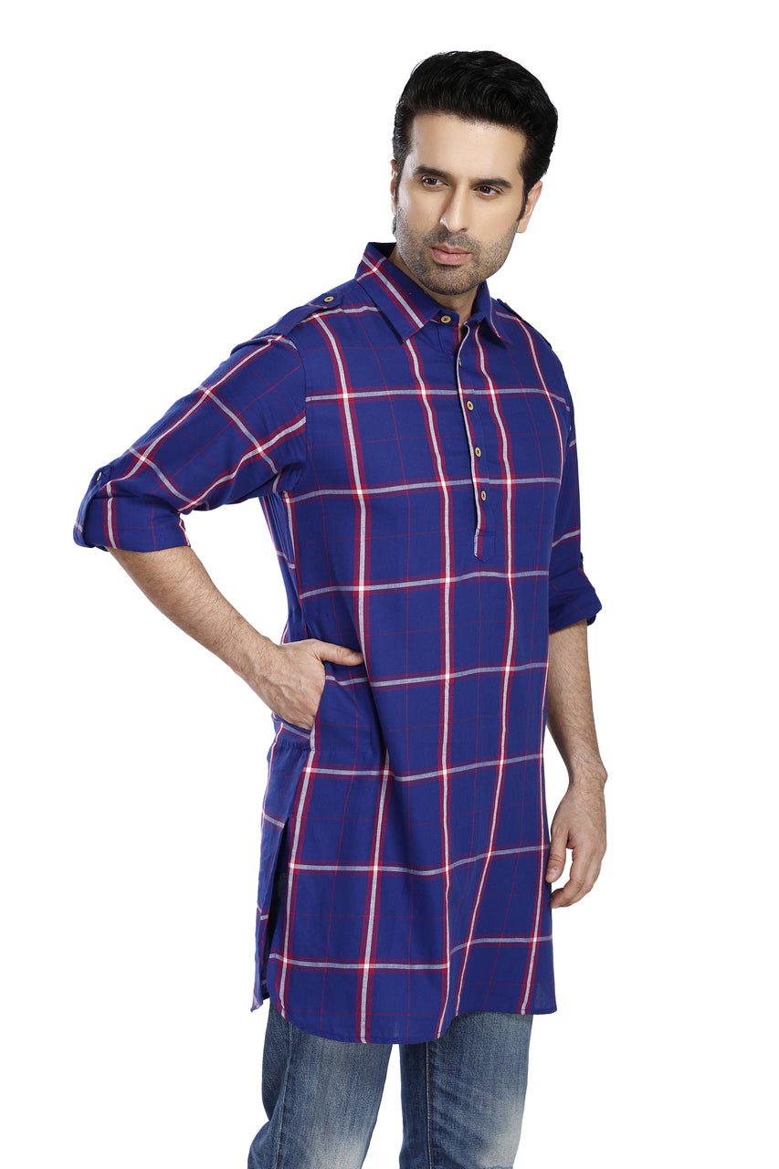 In-Sattva Men's Pullover Pathani Rollup Sleeve Kurta Tunic With Shoulder Strap - Royal Blue Plaid