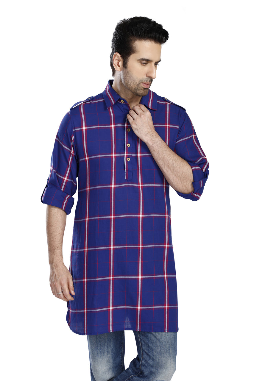 In-Sattva Men's Pullover Pathani Rollup Sleeve Kurta Tunic With Shoulder Strap - Royal Blue Plaid