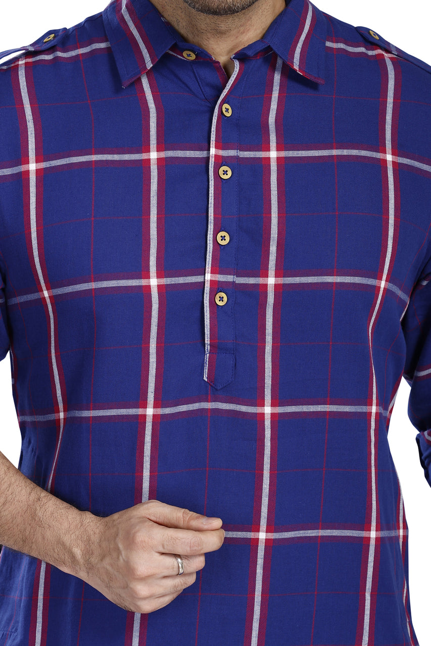 In-Sattva Men's Pullover Pathani Rollup Sleeve Kurta Tunic With Shoulder Strap - Royal Blue Plaid