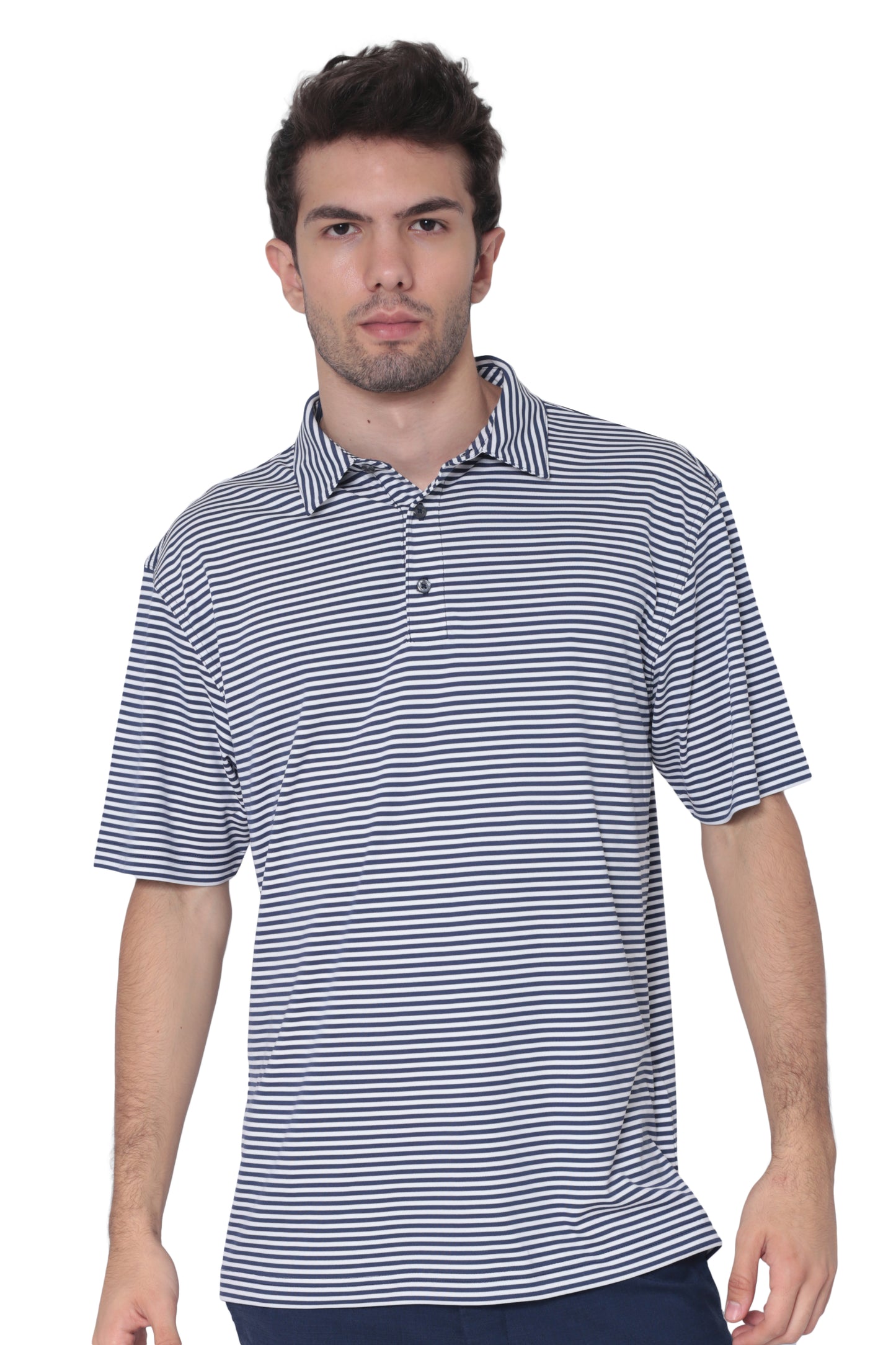 AVA Athletica Men's Polo Collar Moisture-Wick Active Wear Fine Striped T-Shirt Navy
