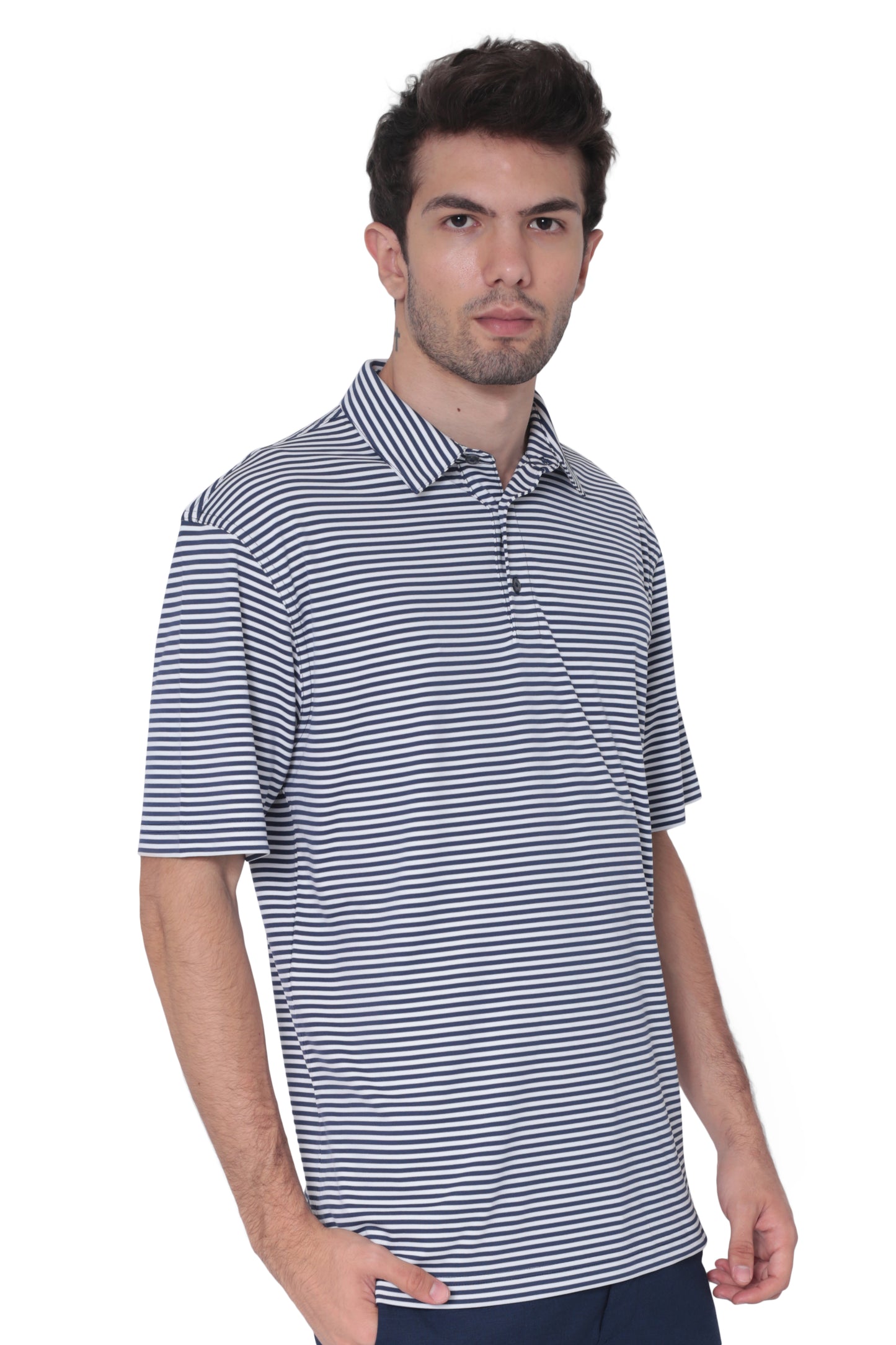 AVA Athletica Men's Polo Collar Moisture-Wick Active Wear Fine Striped T-Shirt Navy